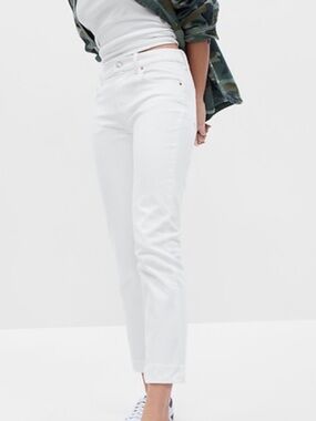 Gap Tapered Girlfriend Mid Rise White Low Stretch Frayed Denim Jeans 23P 000P